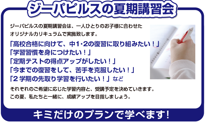 ジーパピルスの夏期講習会は、一人ひとりのお子様に合わせたオリジナルカリキュラムで実施致します、キミだけのプランで学べます